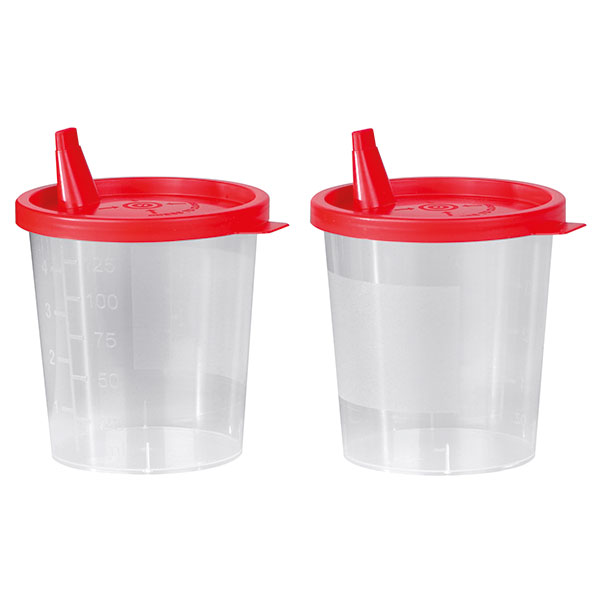 Produktbild Urinbecher 125 ml mit rotem Schnappdeckel und Tülle, unsteril, 500 Stück