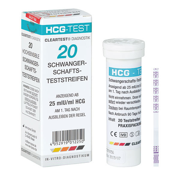Produktbild Schwangerschafts-Teststreifen Cleartest HCG, 20 Teststreifen in der Praxisdose