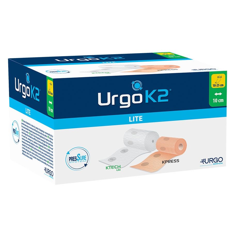 Produktbild UrgoK2 Lite Zweikomponenten Kompressionssystem für mäßigen Kompressionsdruck, Knöchelumfang 25 - 32 cm, 10 cm Bindenbreite, 6 Stück