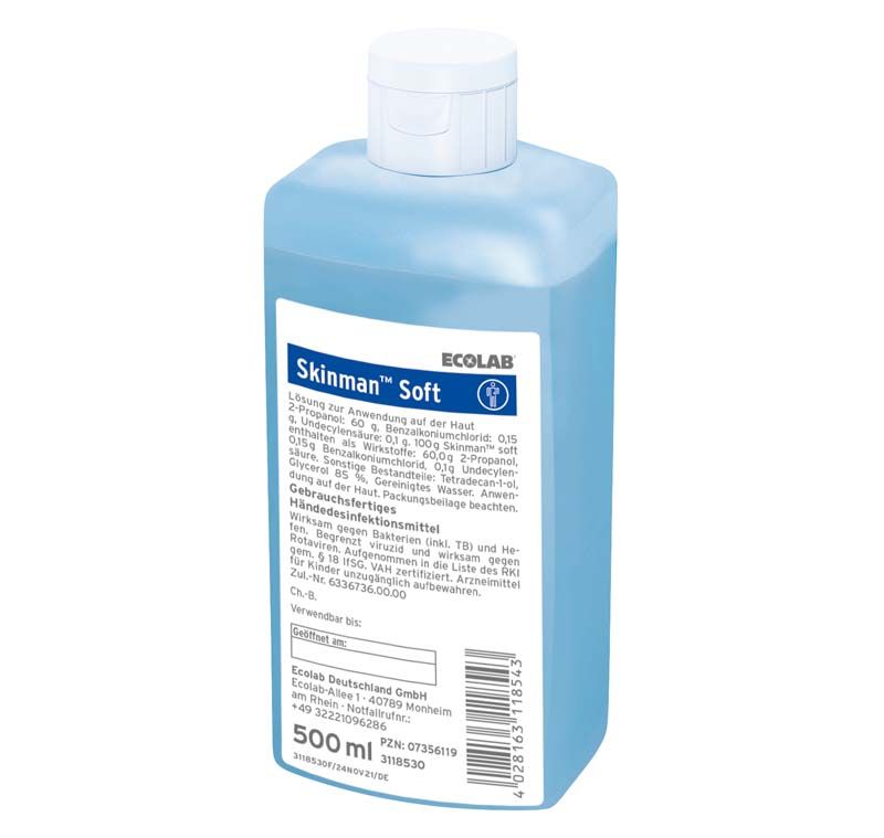Ecolab Händedesinfektionsmittel Skinman Soft 500 ml Spenderflasche Produktbild Ecolab Händedesinfektionsmittel Skinman Soft 500 ml Spenderflasche