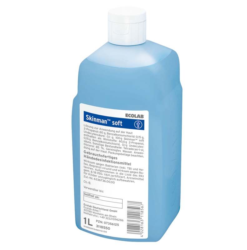 Ecolab Händedesinfektionsmittel Skinman Soft 1000 ml Spenderflasche Produktbild Ecolab Händedesinfektionsmittel Skinman Soft 1000 ml Spenderflasche