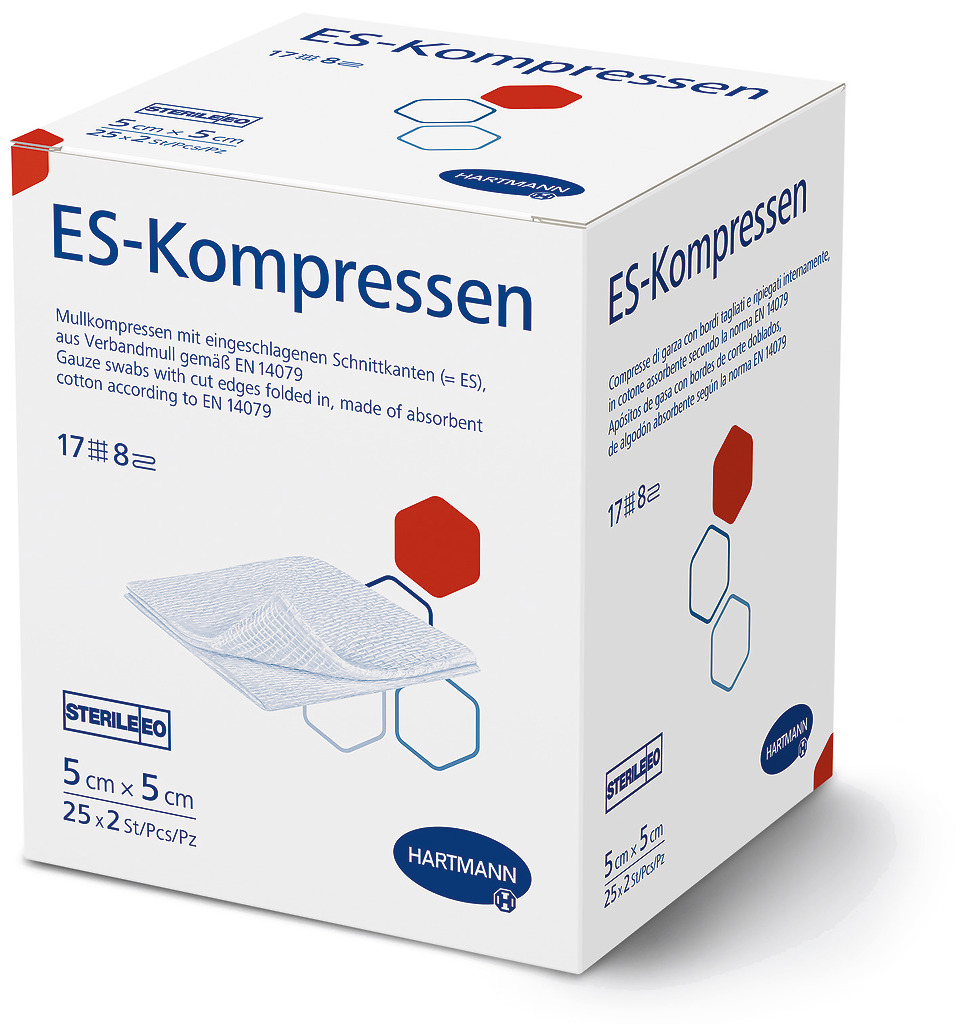 ES-Mull-Kompresse steril 8f 5 x 5 cm, 25 x 2 Stück Produktbild ES-Mull-Kompresse steril 8f 5 x 5 cm, 25 x 2 Stück