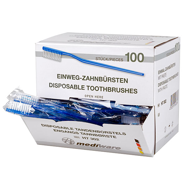 Einmal-Zahnbürsten Mediware mit Zahnpulver, 100 Stück, blau Produktbild Einmal-Zahnbürsten Mediware mit Zahnpulver, 100 Stück, blau