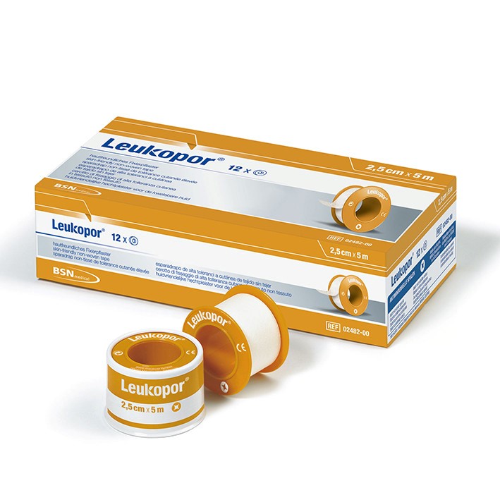 Leukopor Fixierpflaster, 2,5 cm x 5 m, 12 Rollen, mit Schutzring Produktbild Leukopor Fixierpflaster, 2,5 cm x 5 m, 12 Rollen, mit Schutzring