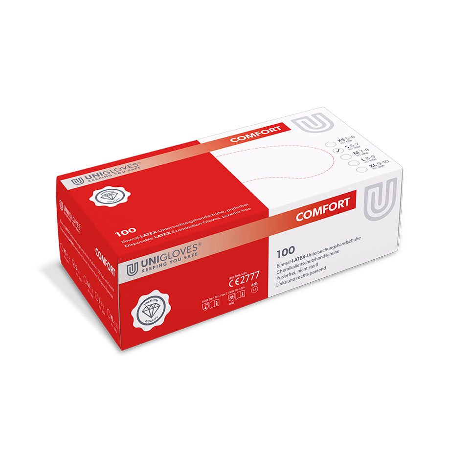 Unigloves Comfort Latex Untersuchungshandschuhe, puderfrei, Größe S, 100 Stück Produktbild Unigloves Comfort Latex Untersuchungshandschuhe, puderfrei, Größe S, 100 Stück